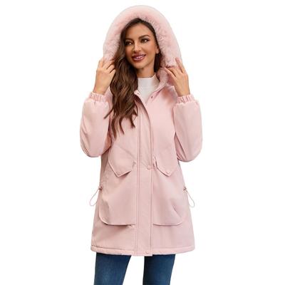 Women’s Parka Coats Faux Fur Hooded Fleece Lining Zipper Warm Cotton Jackets Mid-length Puff Outerwear Winter Clothes