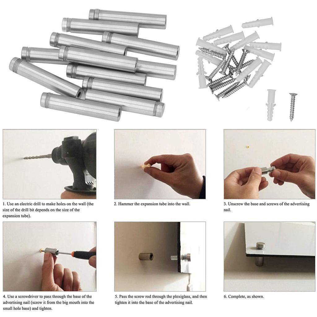 ZK30 12PCS Stainless Steel Standoff Screw 12x60MM Sign Holder Mounting Screws with Wall Anchors