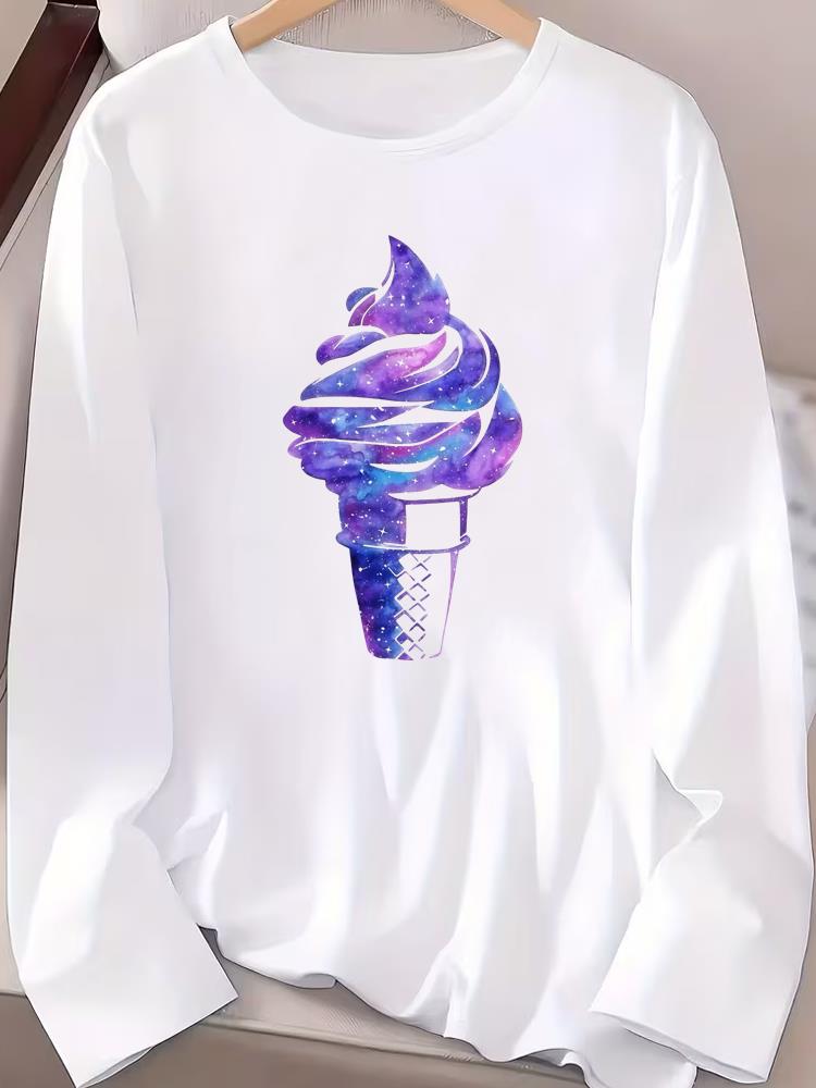 (Asian Size) flower trend cute Fashion Print T Shirt autumn winter spring Casual Tee Women Clothing Top o-neck Graphic Long Sleeve T-shirts