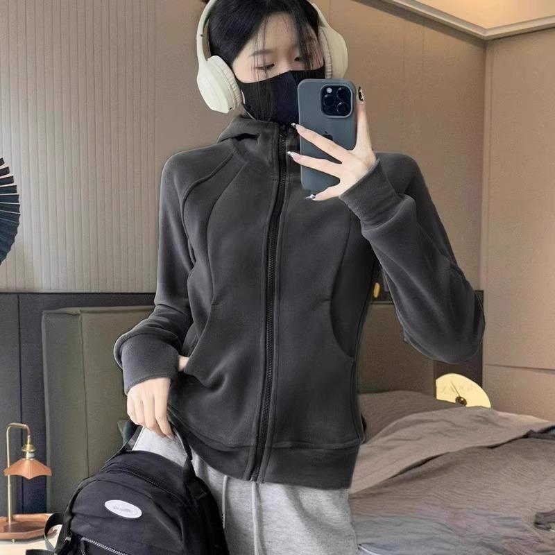 Velvet Thickened Hooded Sweatshirt for Women Spring Zipper Versatile Long-sleeved Top Korean Style Cardigan Jacket