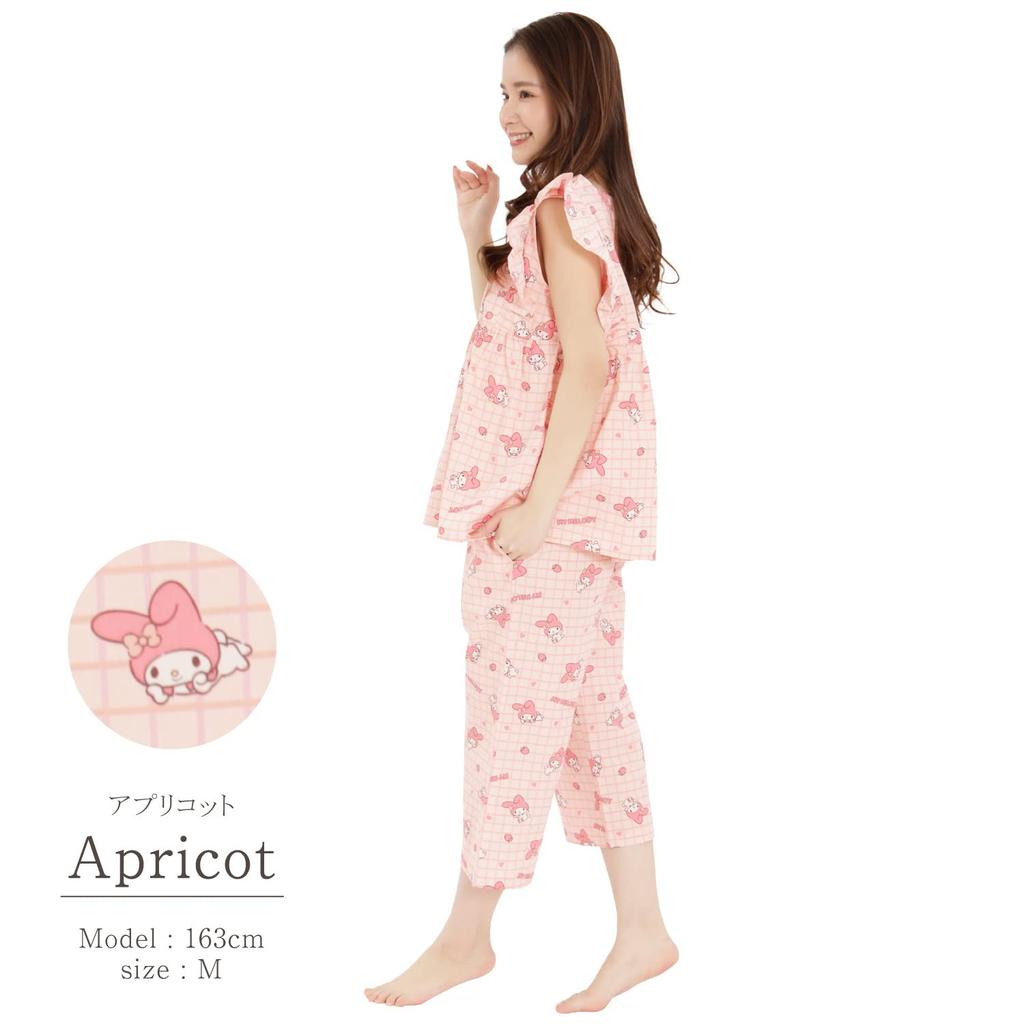 SAZAC SAN1481 Checkered My Melody Frill Pajamas, Women's, Short Sleeves and Pants Set, Loungewear, Sanrio, Apricot/M