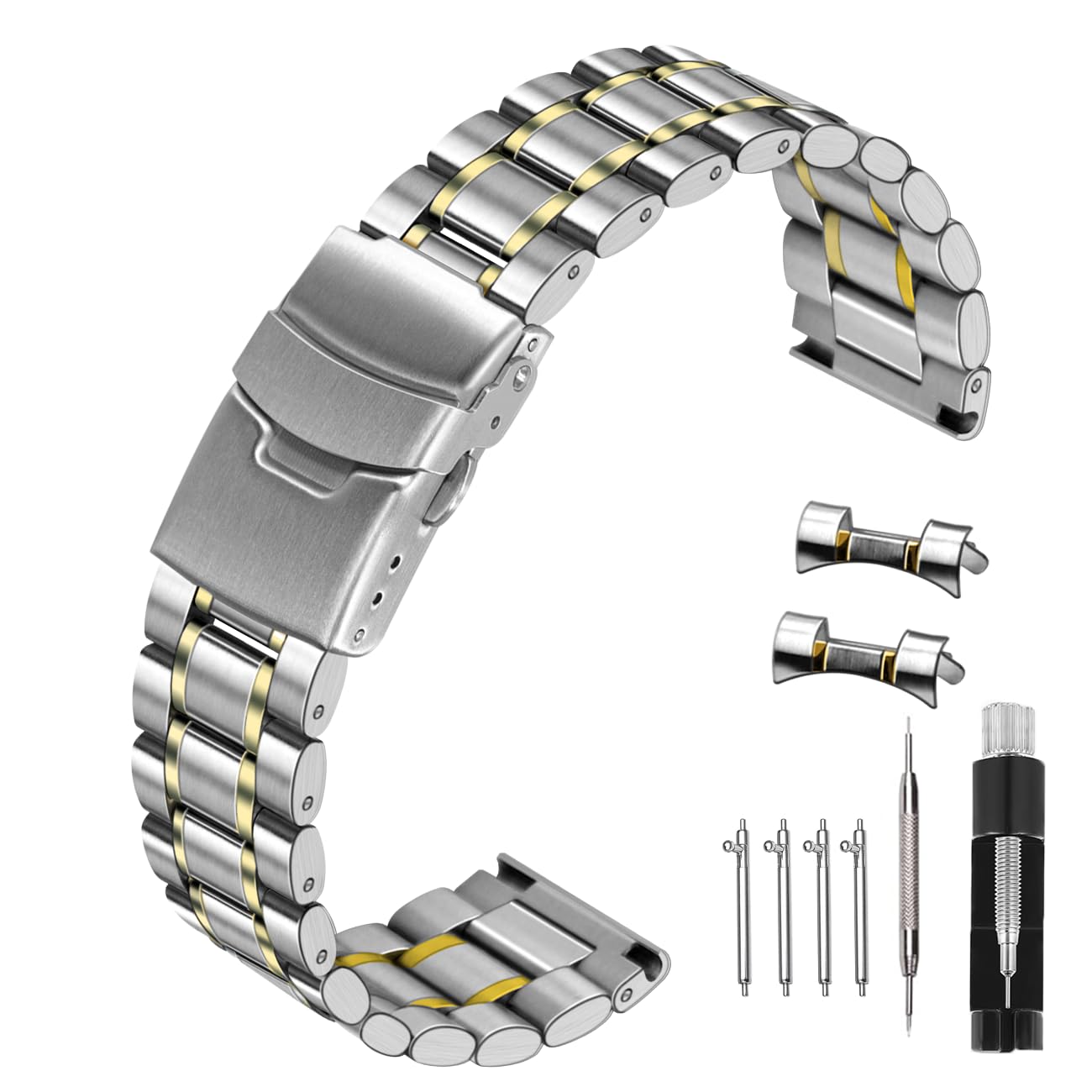 [Kai Tian] 22mm Metal Watch Band, Silver Gold Stainless Steel 3-Row Watch Band for Men and Women