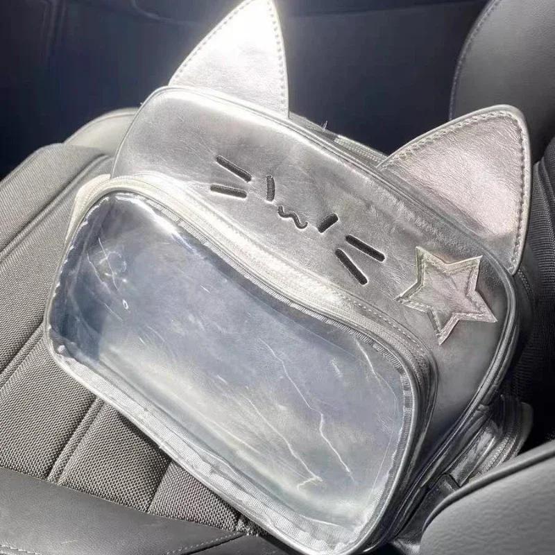 

Рюкзаки Y2k серебристые для женщин, милая кошка, прозрачная наплечная сумка, дизайнерская сумка, большая вместимость, кроссбоди, школьный рюкзак