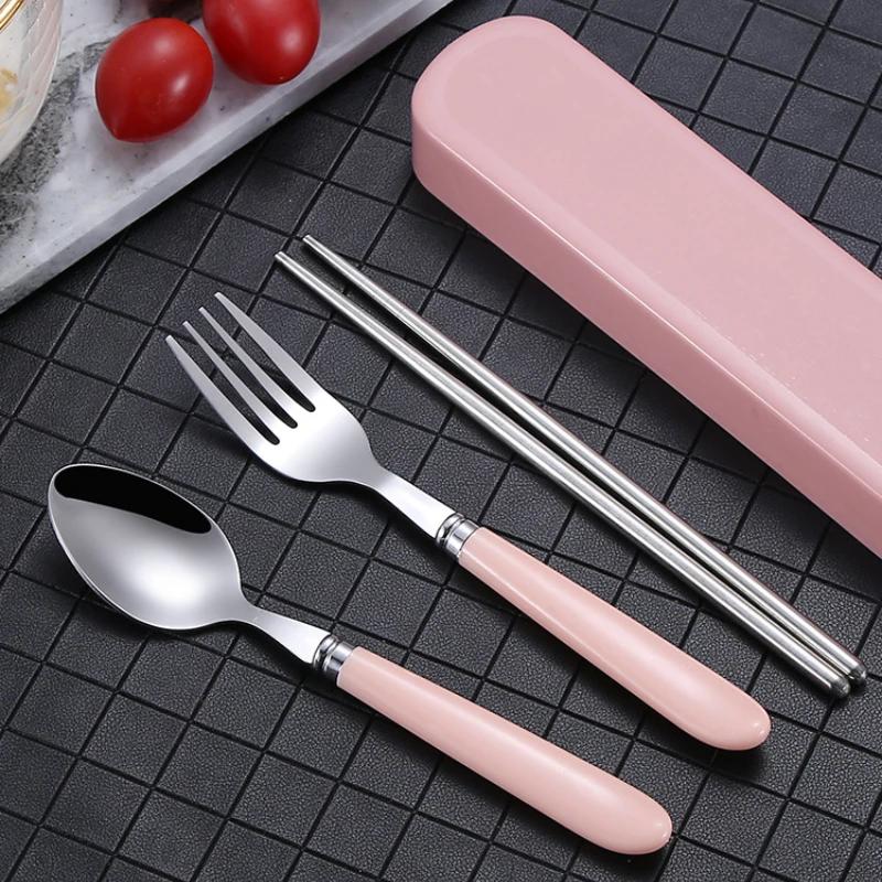 4pcs/set Stainless Steel Portable Fork Spoon Chopsticks Tableware with Storage Box Student Office Worker Cutlery Dinnerware Set