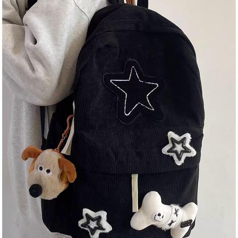 Teen Student Large Capacity School Bookbag Y2K Girls Star Pattern Laptop Backpack Corduroy Rucksack Double Strap Shoulder Bag