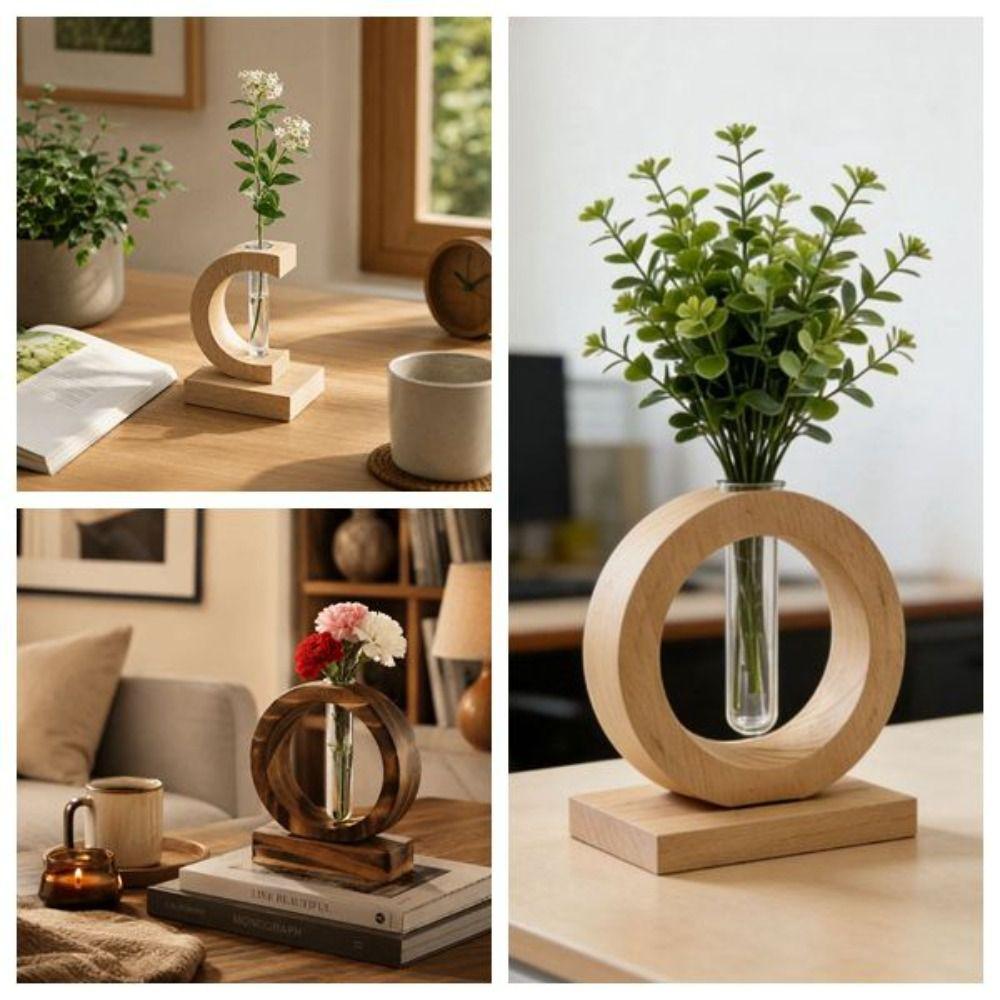 Home Decoration Hydroponic Flower Pot Wooden Small Glass Vase Decorative Vase Desktop Decor
