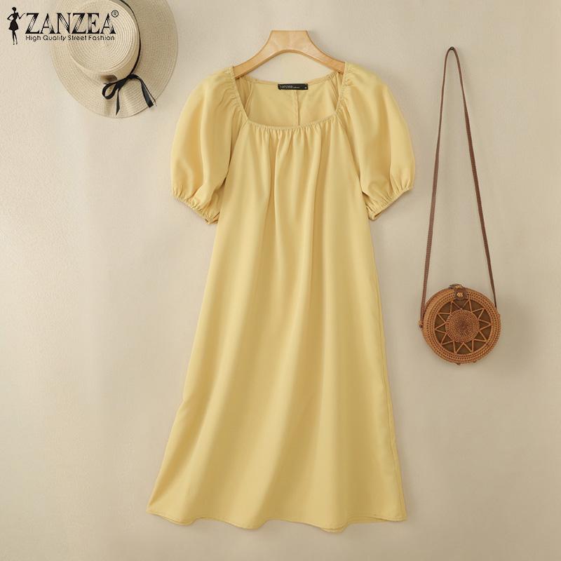 ZANZEA Women Square Collar Loose Casual Summer Short Sleeve Dress