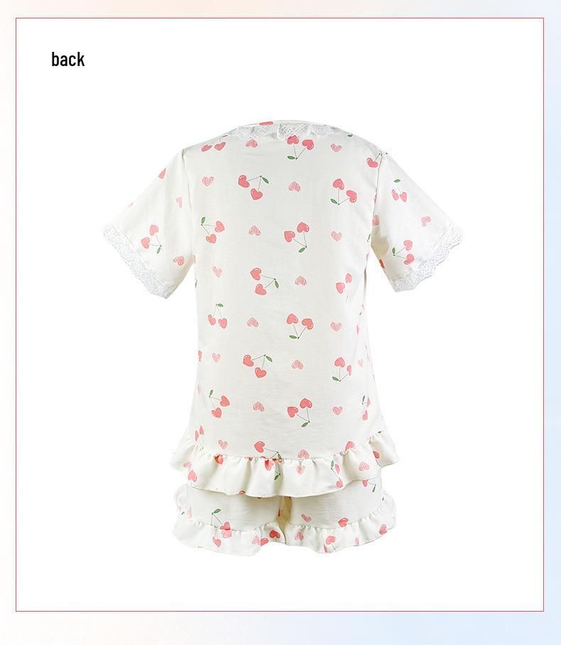 Cherry Print Lace-Trimmed Cloud Cotton Pajama Set with Ruffles