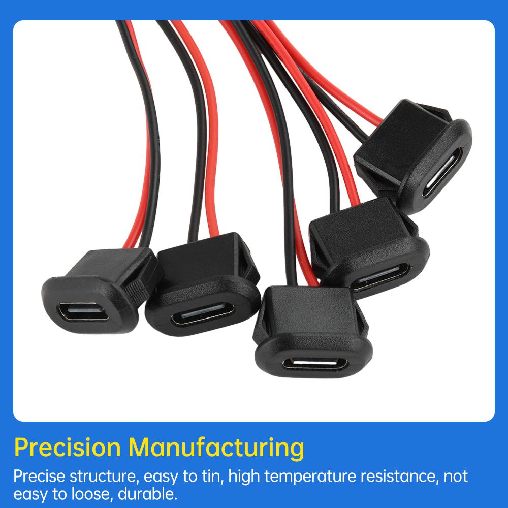 5pcs Type-C Female Chassis 2P Wire USB C Pigtail Cable Extension Power Cable IP67 Waterproof USB-C Plug to 2 Pin Bare Wire Open