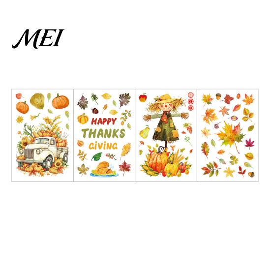 Thanksgiving Party Decor 4 Sheets Autumn Harvest Static Window Stickers, Maple Leaves Pumpkins Scarecrow Pickup Truck Decorative PVC Film Decals,
