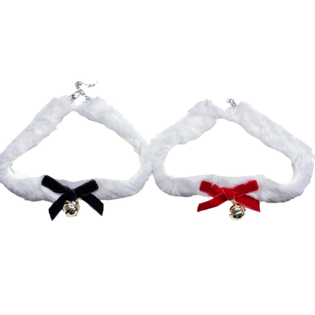 Elegant White Plush Choker with Bow & Bell - Women's Winter Necklace