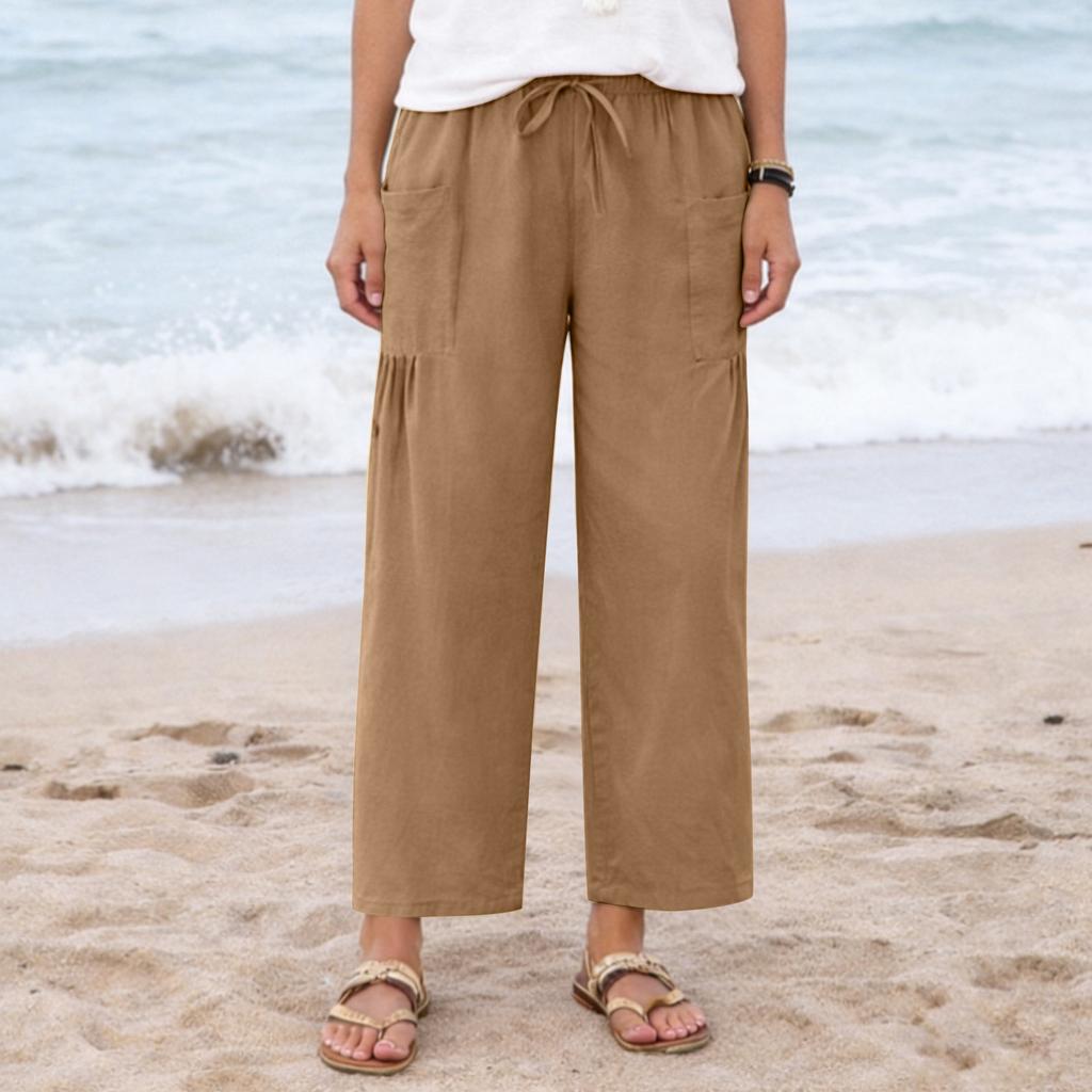 Women Loose Fit Wide Leg Drawstring Pants Casual Linen Trousers with Pockets Elastic Waistband Relaxed Fit Summer Bottoms