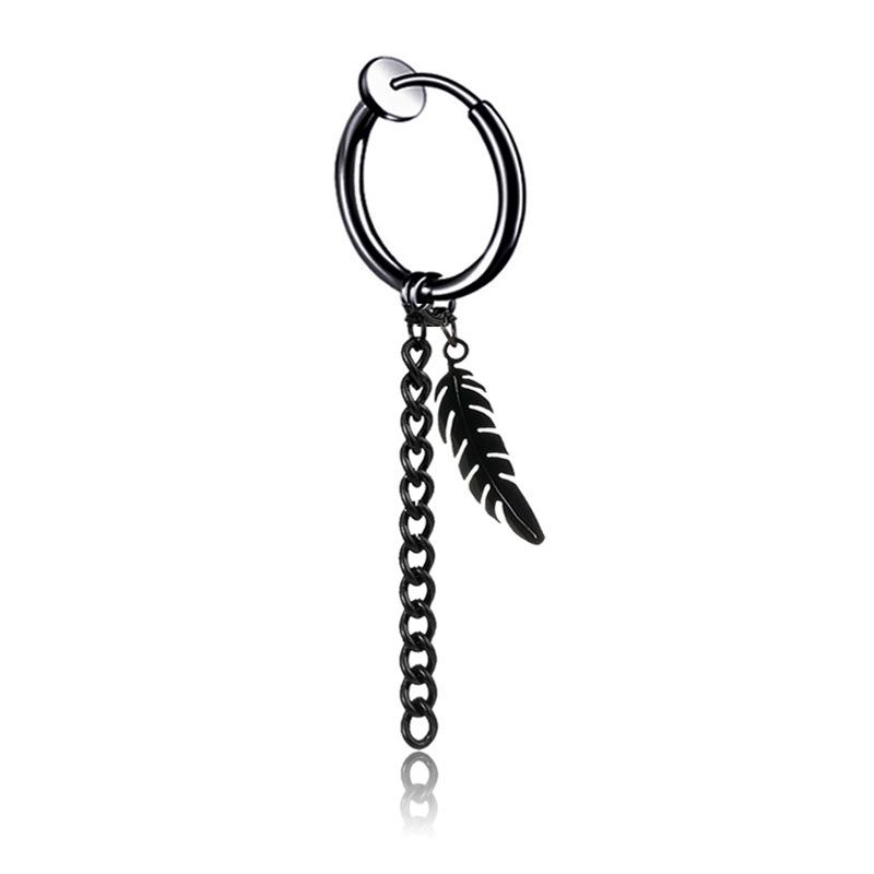 Korean Style Tassel Chain Non-Pierced Titanium Steel Leaf Feather Earrings