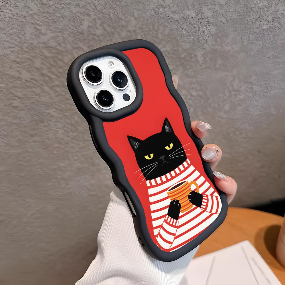 Cute Coffee Cat Wavy Edge TPU Mobile Phone Case for iPhone 17 16 15 14 13 12 11 Air Pro Max Plus Colorful Cover
