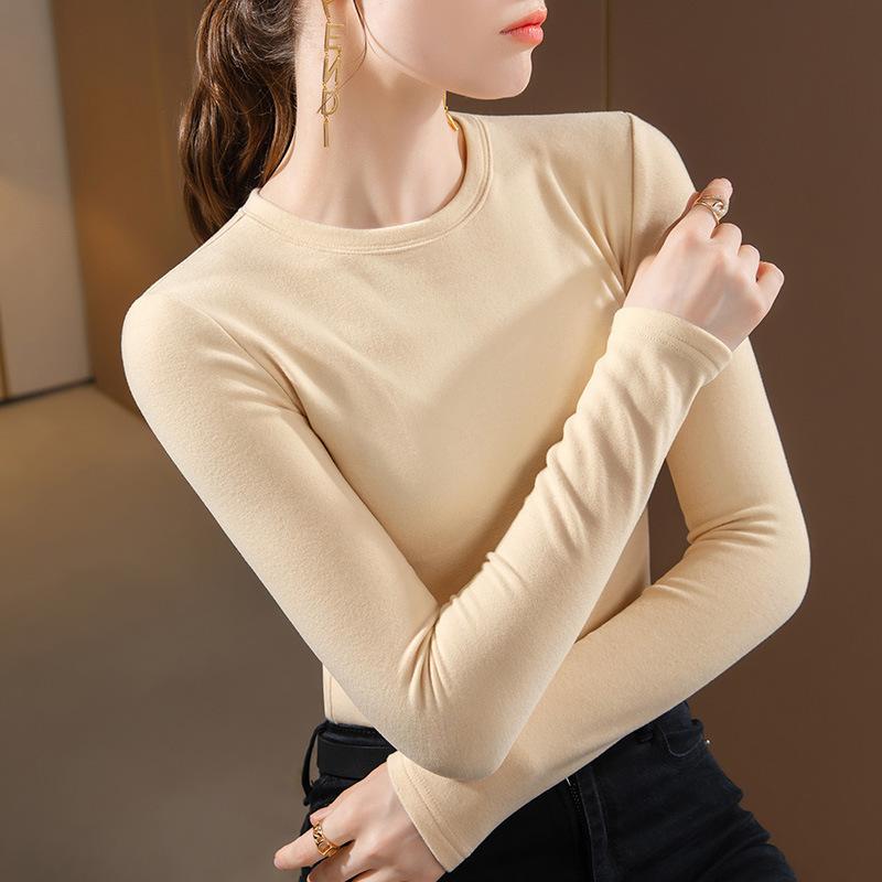 Double Sided German Velvet Base Shirt for Women's Autumn and Winter Basic Round Neck Brushed Long Sleeved Warm Inner Elastic Top