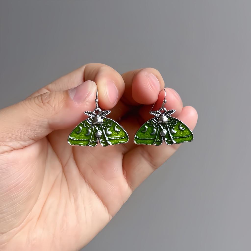 Gothic Retro Green Moth-shaped Moon Sun Carved Pattern Stud Earrings for Men Women Halloween Party Punk Personality Jewelry Gift