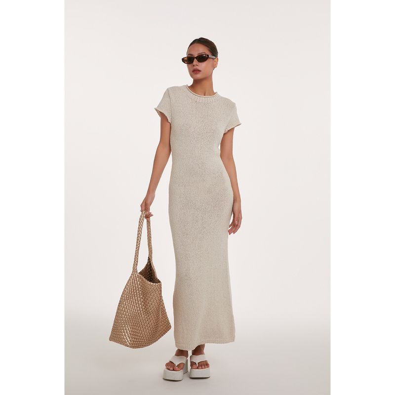 

Discoglam Heavy Industry Stretch Mercerised Cotton round Neck Slim fit Waist Hugging Split Long dress Lazy Short sleeve Dress Women Summer Gray White XS