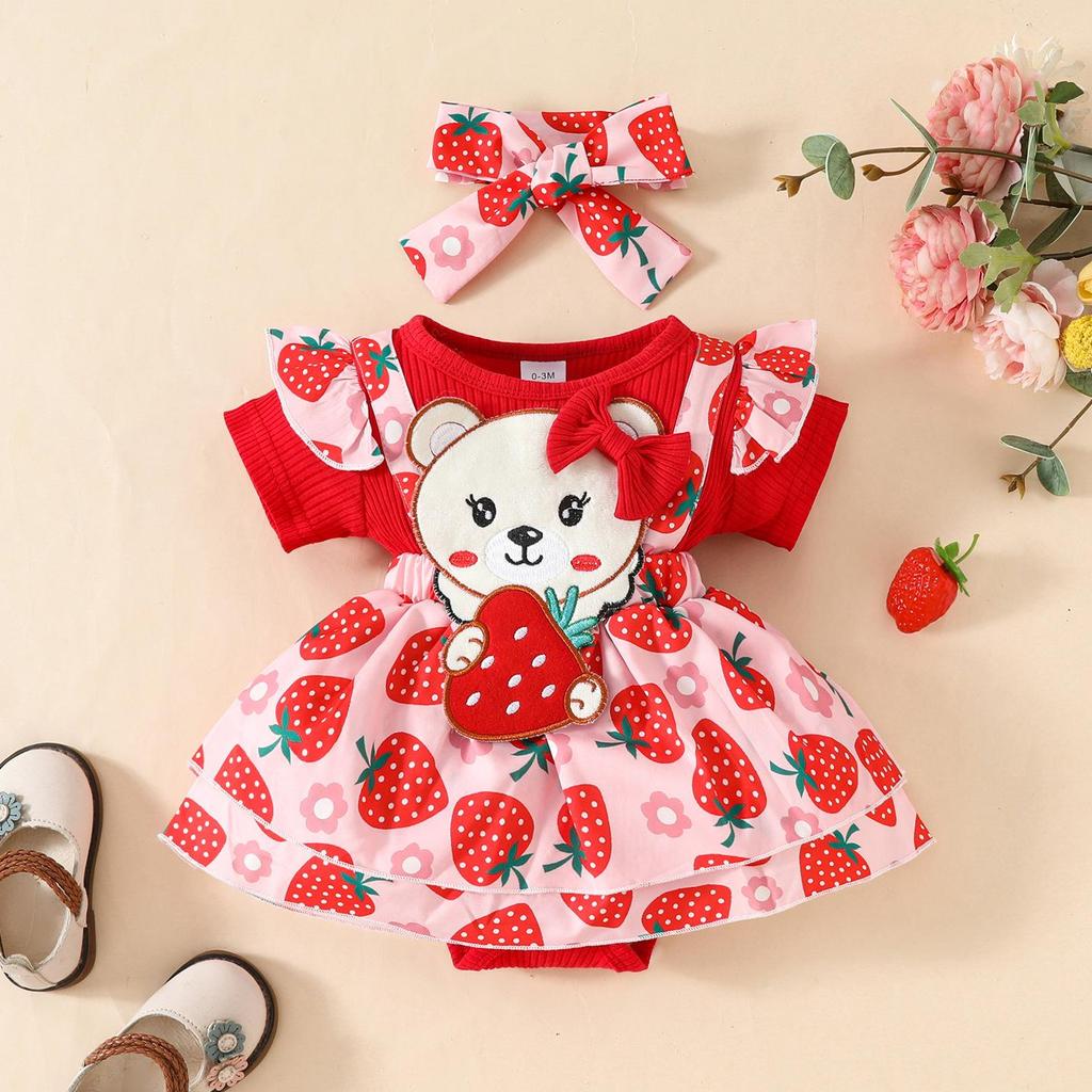 2025 Ribbed Strawberry Bear Romper - Triangle Sleeves & Faux Straps