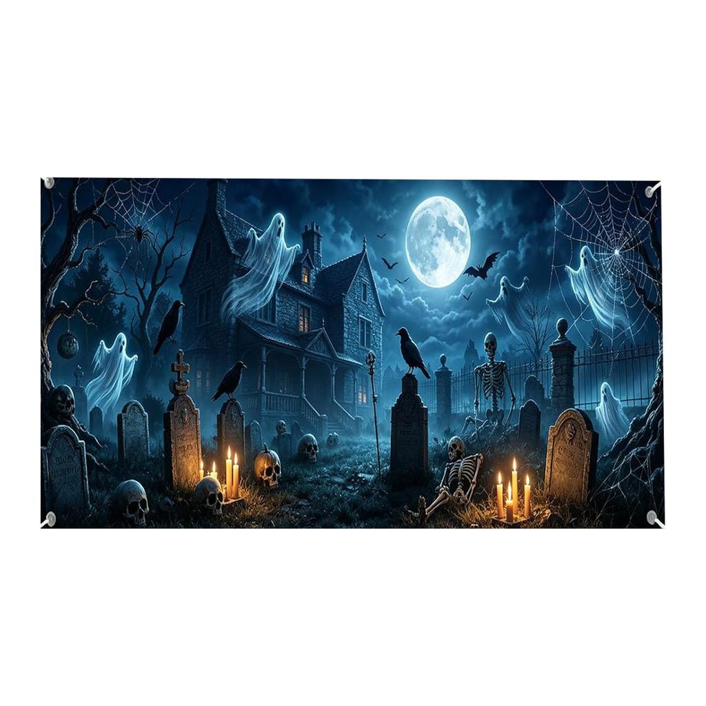 Halloween Haunted House Background Banner 90x180cm Ghost Skeleton Graveyard Scene Outdoor Indoor Decoration Prop