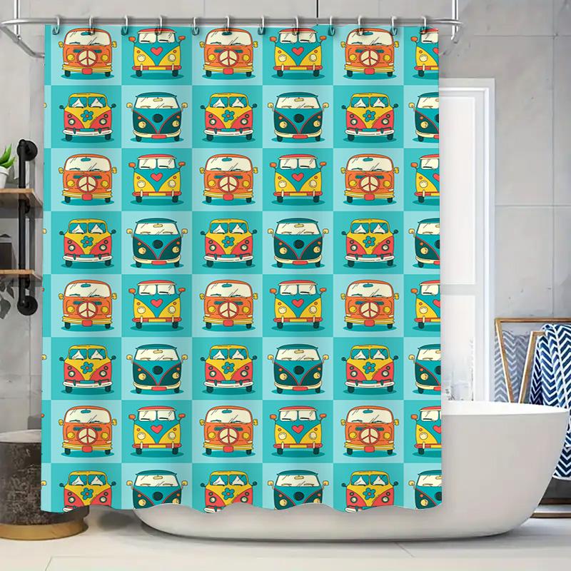 

Vintage Retro Van Pattern Shower Curtain 3D Printed Blue Checkered Fabric Decorative Bathroom Shower Curtains for Home Decoratio 90x180cm