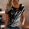 Women Geometric Pattern Print Cold Shoulder Short Sleeve T Shirt Irregular Cutout Neck Casual Summer Blouse Top