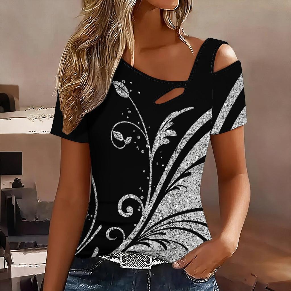 Women Geometric Pattern Print Cold Shoulder Short Sleeve T Shirt Irregular Cutout Neck Casual Summer Blouse Top
