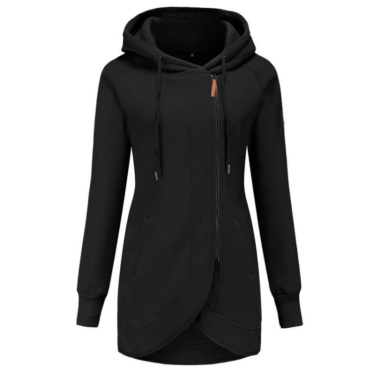 Women Winter Jacket Warm Plush Lined Hooded Coat with Drawstring and Irregular Zipper Design