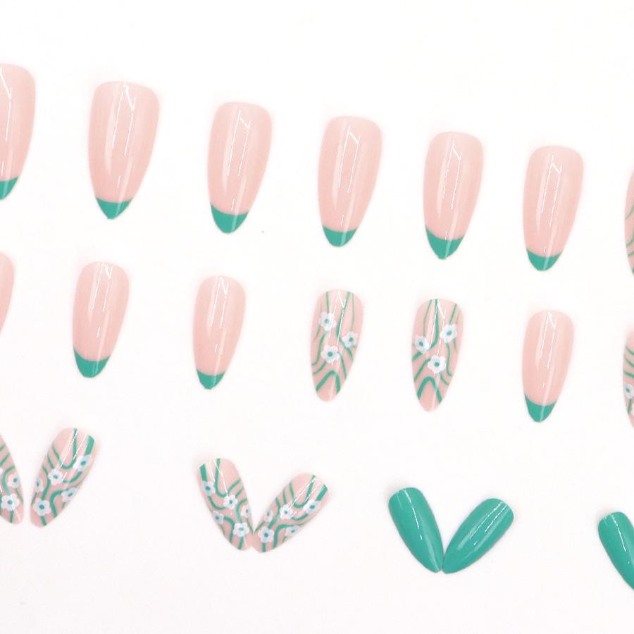 Summer Fresh Light Green Floral French Girly Almond Nail Art Tips