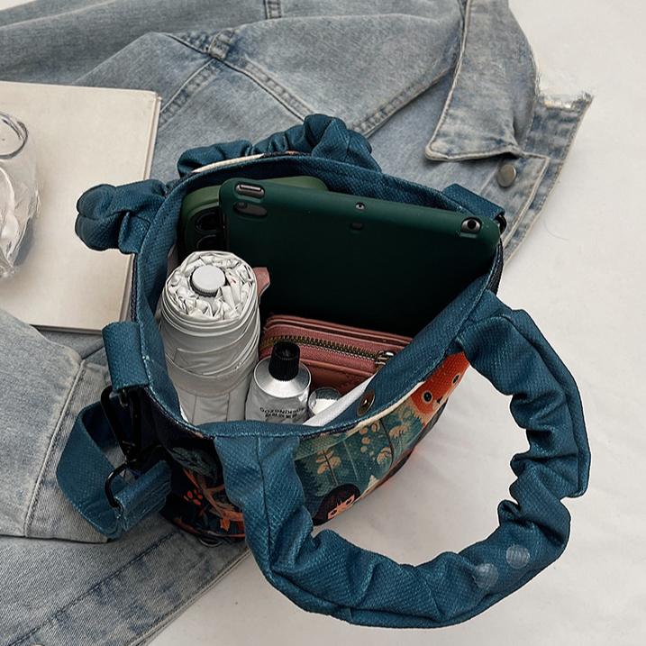 Plátěná taška s potiskem, dámská taška, nová trendy stylová taška přes rameno, taška přes rameno s kreslenou ilustrací, kbelík