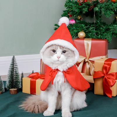Christmas Cat Outfit Pet Hooded Cape with Pompoms Puppy Cape Cat Costume Pet Christmas Cloak for Xmas Party