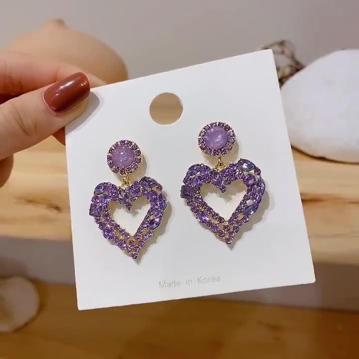 Exquisite 925 Silver Purple Heart Stud Earrings with Elegant Stone Design for Women