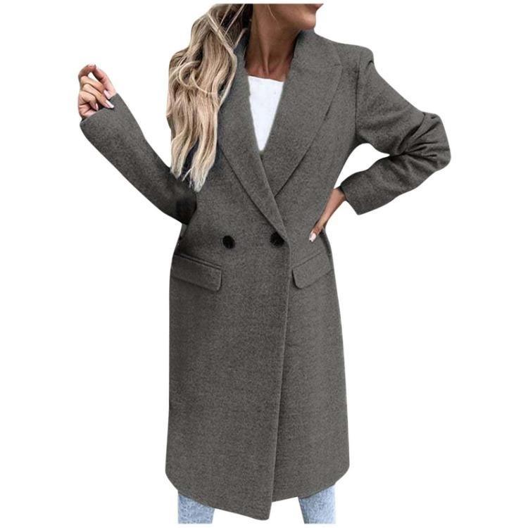 Damen Woll Wintermantel Lässig Locker Revers Knopf Strickjacke Fake Tasche Warm Stilvoll Oberbekleidung