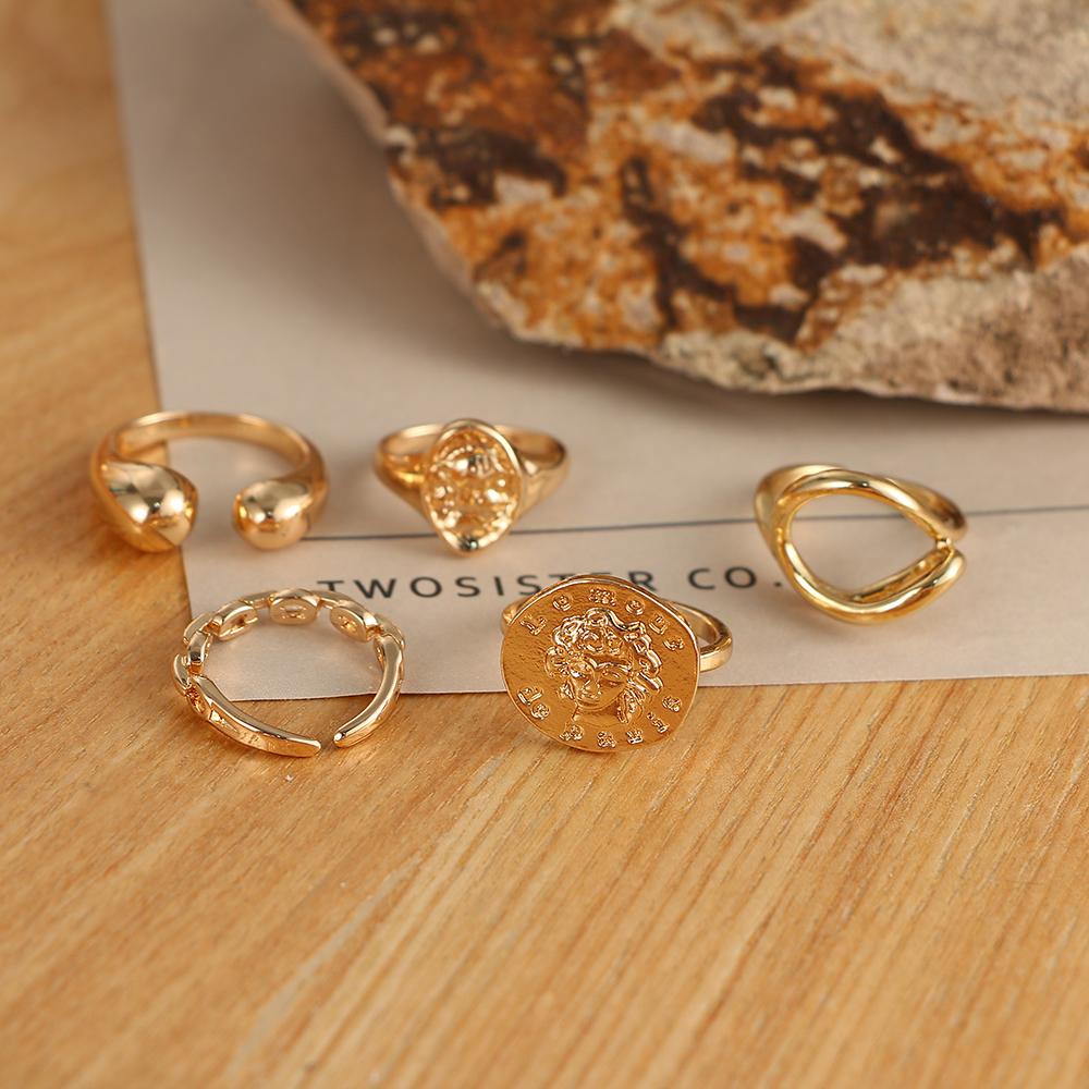 Punk Retro Beauty Head Ring Set 5-dielna sada Krížový prsteň na ústa Bambusový prsteň s vetrom Roztomilý prsteň Dámy Romantický darček