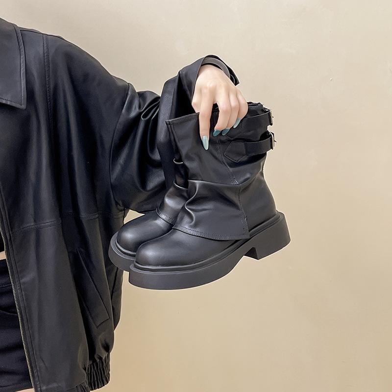 Retro thick-soled Martin boots women's autumn and winter French design casual versatile leather boots heightened and thin trouser tube boots fashio