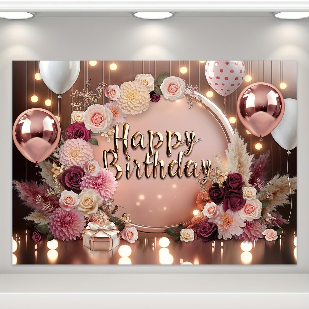 Happy Birthday Background Rose Blossoms Pampas Leaves Arch Balloon Flowers Plants Modern Decoration