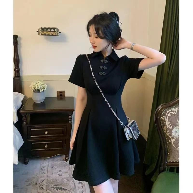 Coffee break black large size Hepburn style new Chinese style improved cheongsam dress children's short skirt summer design sense niche