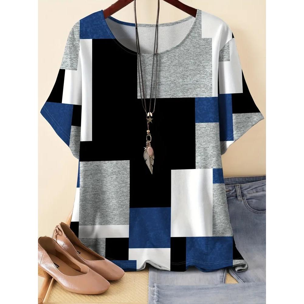 Creative Splice 3D Printed Short Sleeved T-shirt Fashionable Comfortable Soft Breathable Large Loose Womens T-shirt