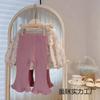 Koreanische Kinderbekleidung Mädchenanzug, ausländischer Stil Mädchen Baby Herbstkleidung, Puffärmel Blumenoberteil + Spitzhose zweiteiliges Set