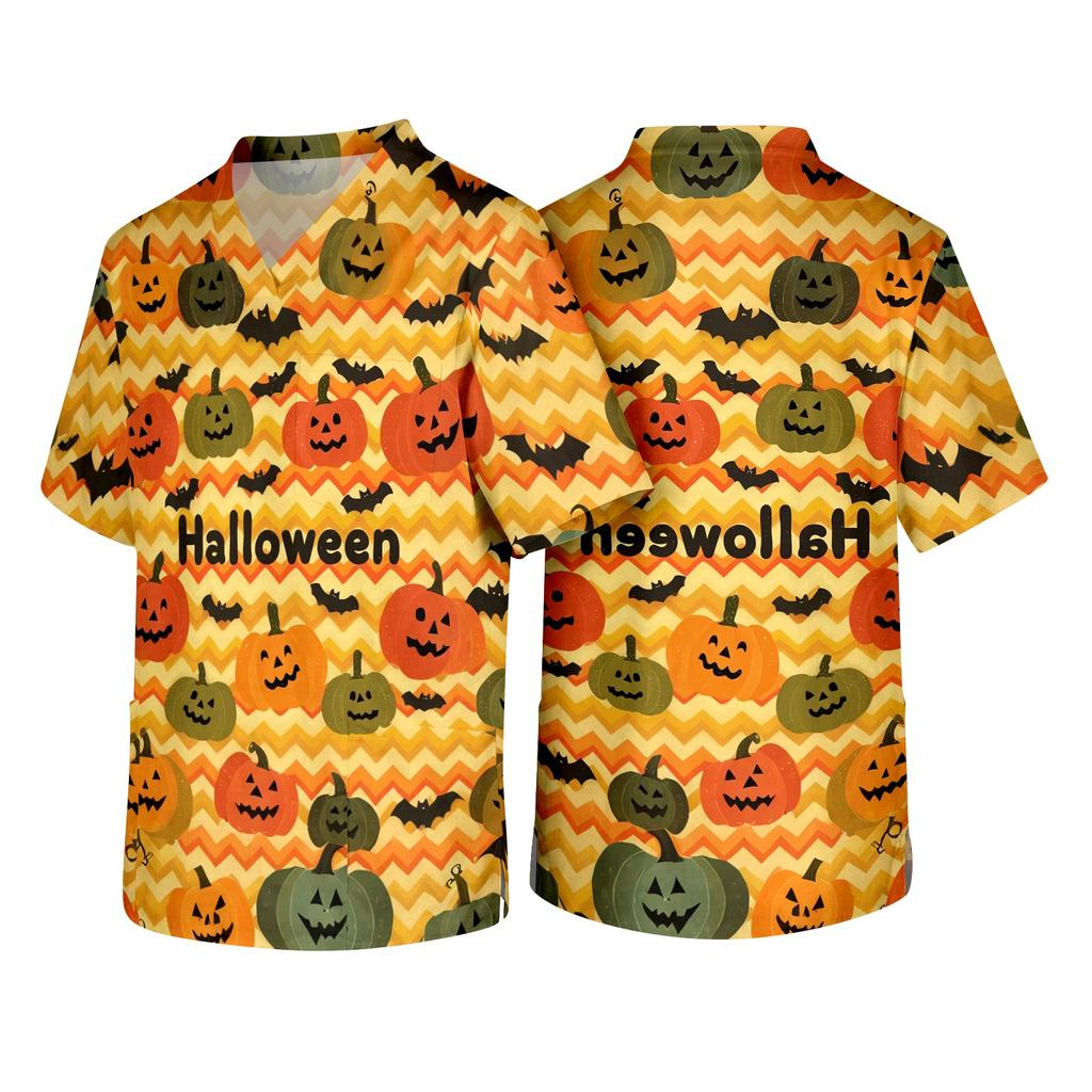 Men's V Neck Short Sleeve Halloween Print Medical Scrub Top with Chest Pocket and Two Front Pockets Suitable for Healthcare Professionals