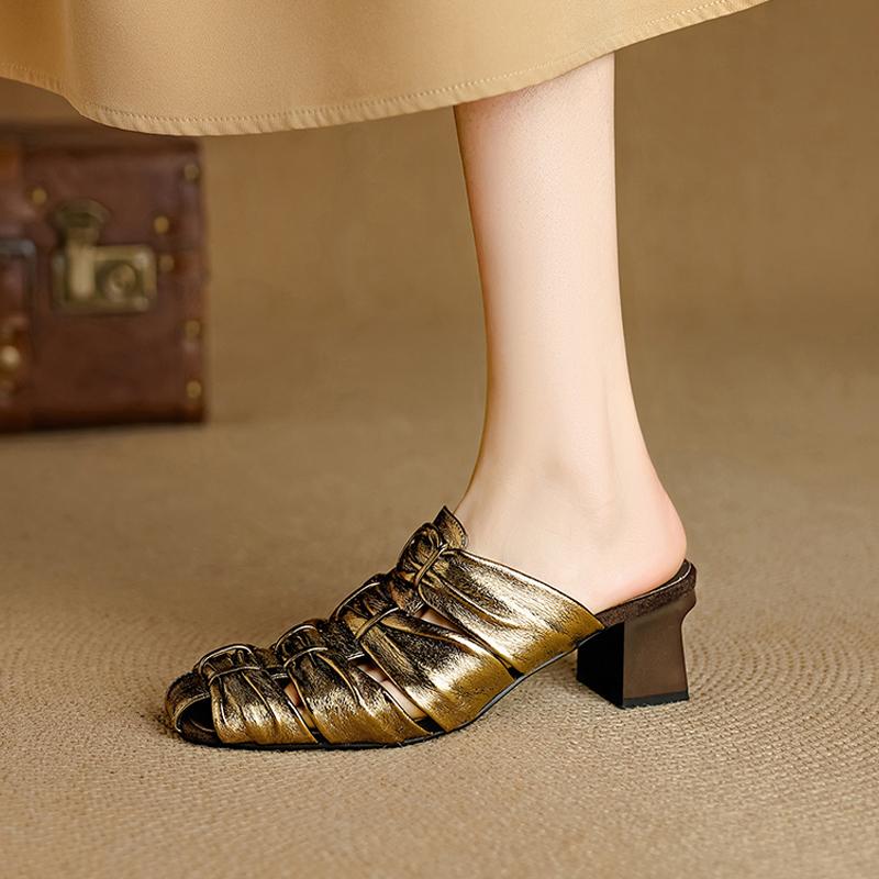 Fashion 2025 Summer New Genuine Leather Retro Semi-drag Mueller Slippers Woman Women's High Heel Square Toe Casual Shoes Women Slippers