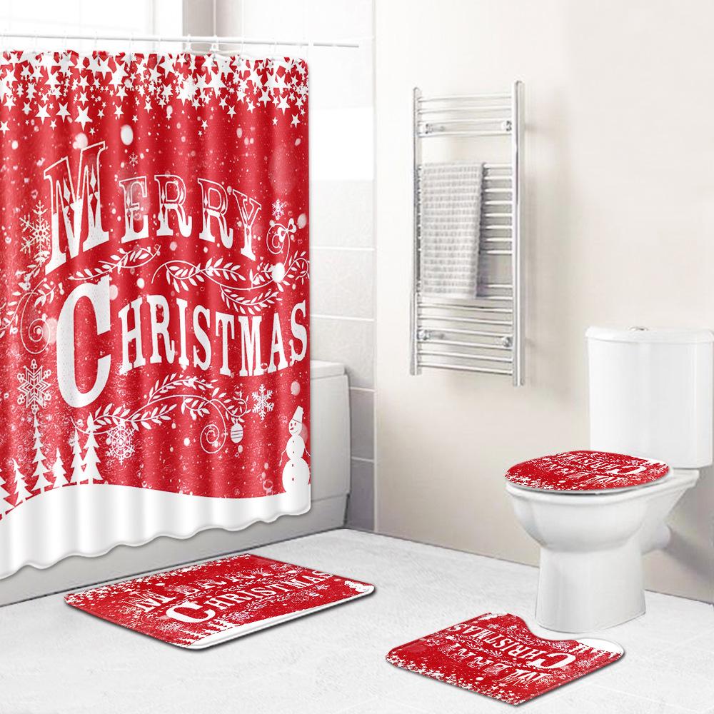Christmas Shower Curtain Floor Mat Combination Four-Piece Set Bathroom Toilet Carpet Shower Room Mat Foot Mat
