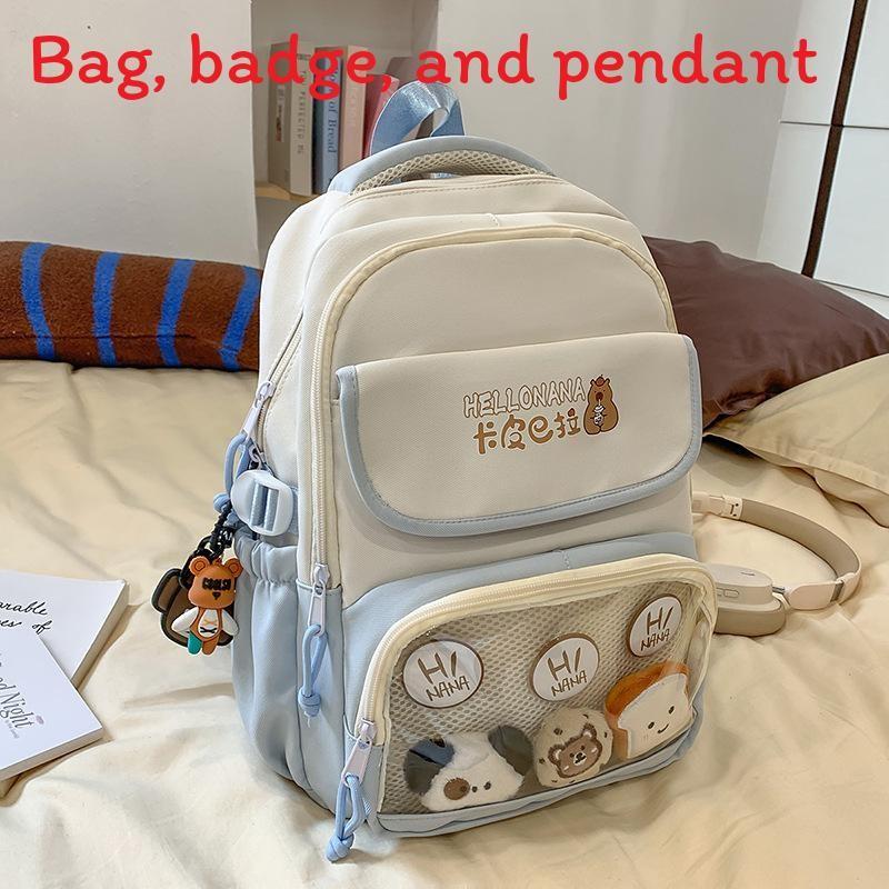 Capybara Color Blocked Letter Print Student Backpack With Pendant Badge And