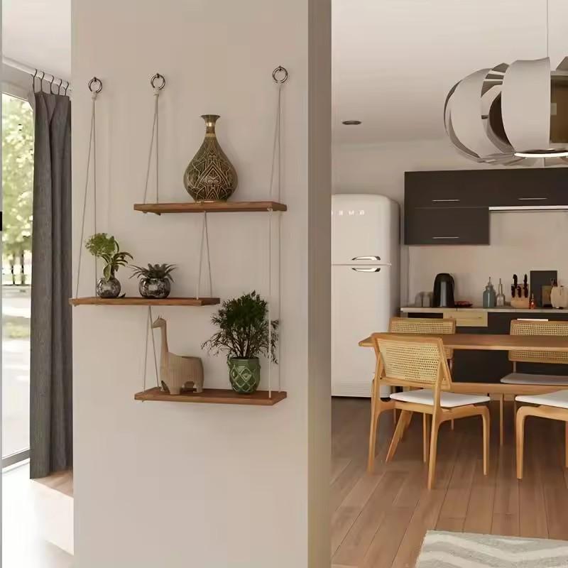 Three-Tier Macrame Hanging Shelves for Indoor Plants and Decorative Storage in Living and Bedroom Spaces