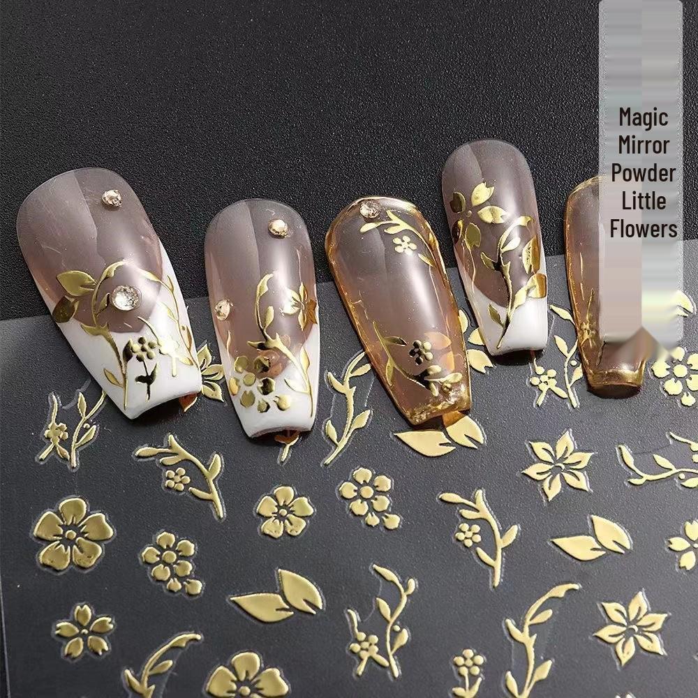 Magic Mirror Powder & Geometric Nail Stickers - 3D Waterproof Japanese Style with Gold Foil Rose Decorations