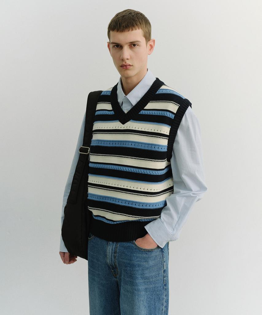 Deonseuteupomaen Crafted Striped Knit Vest_Unisex_Udsw6B123_Navy / Cream