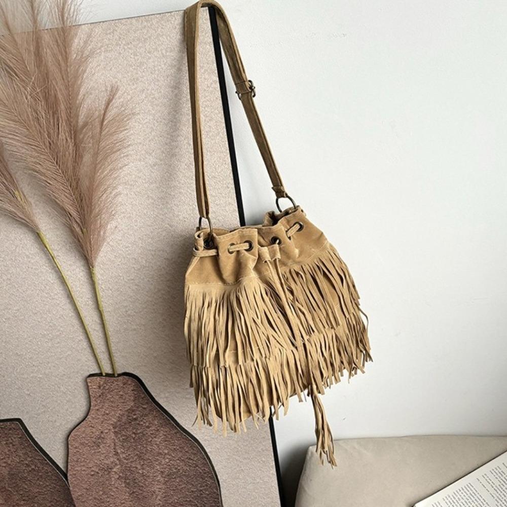 Korean Style Suede Handbag PU Leather Drawstring Bucket Bag Fashion Tassel Shoulder Bag  Women