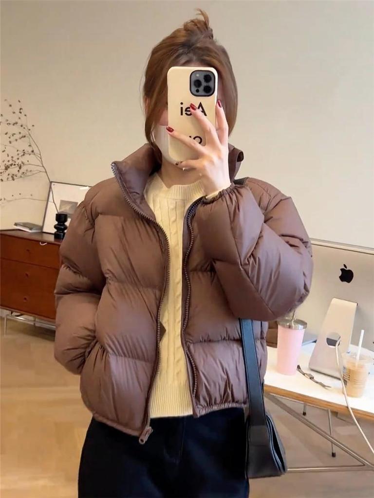 Petite Korean Style Women's Spring/Summer Slimming White Duck Down Jacket with Stand-Up Collar