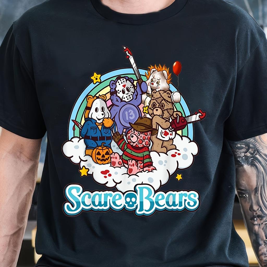 Scare Bears Halloween Party Scary T-Shirt Graphic Print Tee Shirt for Men Casual Short Sleeve T-shirt