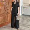 ZANZEA Women Short Sleeve Cardigan Blouse and Pants Casual Two Piece Suit Sets