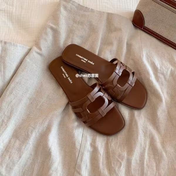 

[] Миланский драг~ простроченная кожа слово пляж плоская подошва женские сандалии на улице 40 коричневый